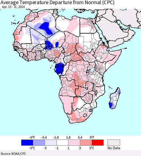 Africa Average Temperature Departure from Normal (CPC) Thematic Map For 4/15/2024 - 4/21/2024