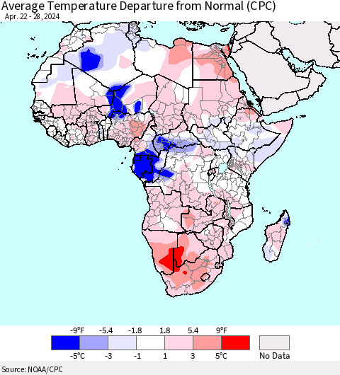 Africa Average Temperature Departure from Normal (CPC) Thematic Map For 4/22/2024 - 4/28/2024