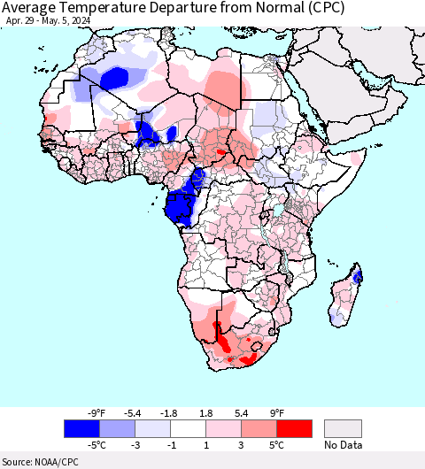 Africa Average Temperature Departure from Normal (CPC) Thematic Map For 4/29/2024 - 5/5/2024