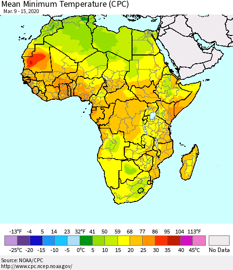 Africa Mean Minimum Temperature (CPC) Thematic Map For 3/9/2020 - 3/15/2020
