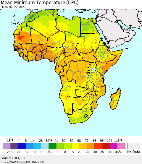 Africa Mean Minimum Temperature (CPC) Thematic Map For 3/16/2020 - 3/22/2020