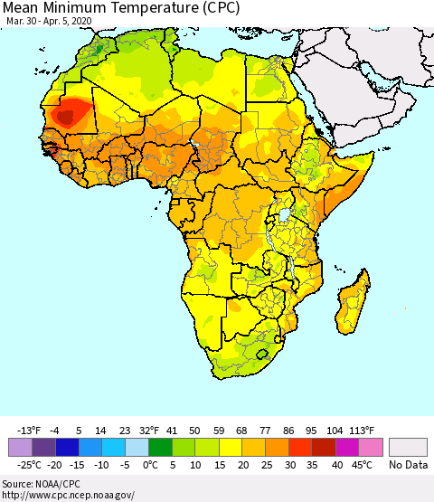 Africa Mean Minimum Temperature (CPC) Thematic Map For 3/30/2020 - 4/5/2020