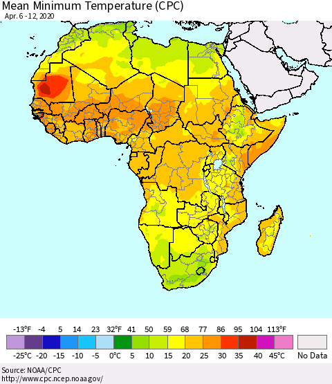 Africa Mean Minimum Temperature (CPC) Thematic Map For 4/6/2020 - 4/12/2020