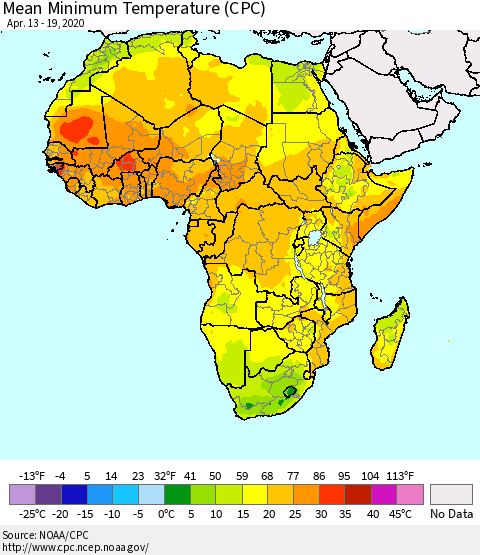 Africa Mean Minimum Temperature (CPC) Thematic Map For 4/13/2020 - 4/19/2020