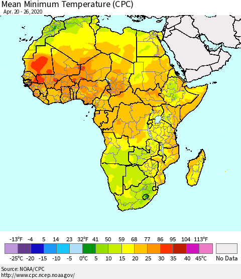 Africa Mean Minimum Temperature (CPC) Thematic Map For 4/20/2020 - 4/26/2020