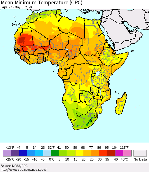 Africa Mean Minimum Temperature (CPC) Thematic Map For 4/27/2020 - 5/3/2020