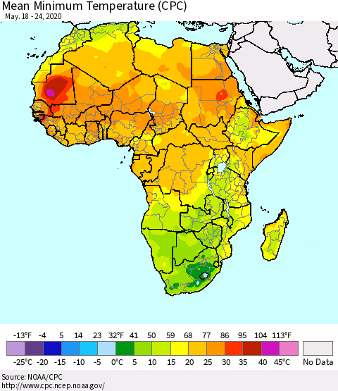 Africa Mean Minimum Temperature (CPC) Thematic Map For 5/18/2020 - 5/24/2020