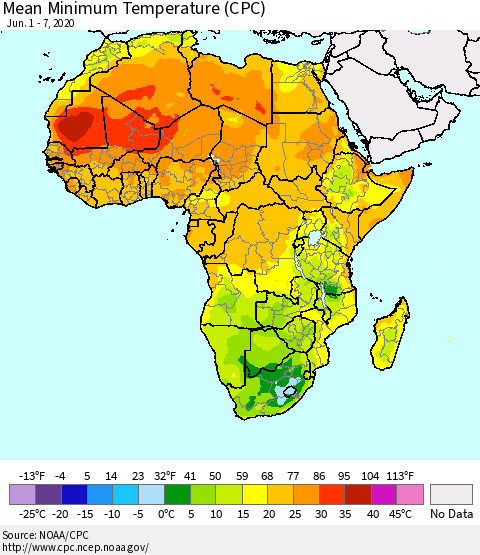 Africa Mean Minimum Temperature (CPC) Thematic Map For 6/1/2020 - 6/7/2020