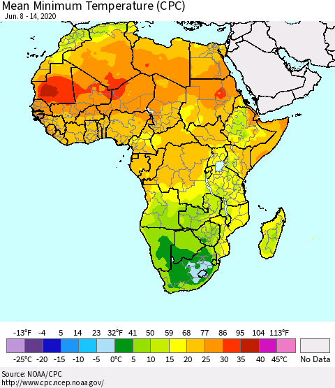 Africa Mean Minimum Temperature (CPC) Thematic Map For 6/8/2020 - 6/14/2020