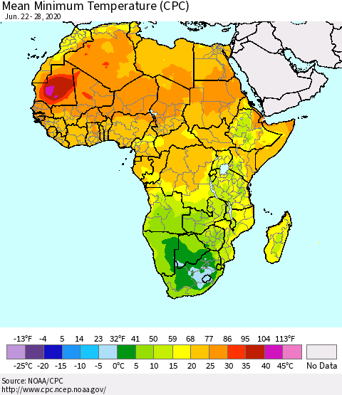 Africa Mean Minimum Temperature (CPC) Thematic Map For 6/22/2020 - 6/28/2020