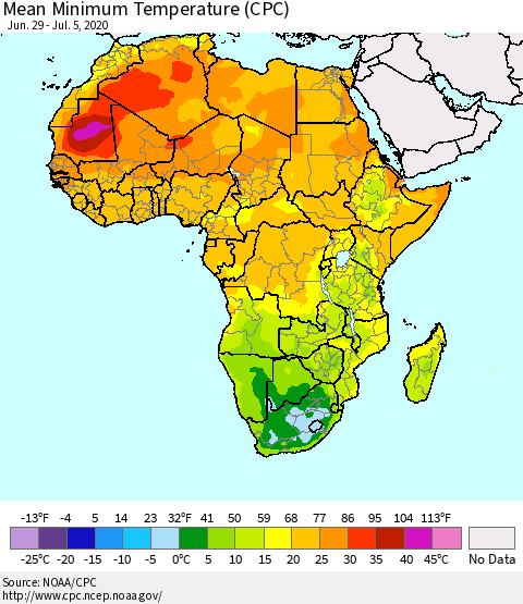 Africa Mean Minimum Temperature (CPC) Thematic Map For 6/29/2020 - 7/5/2020