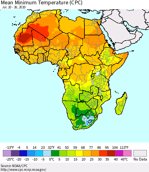 Africa Mean Minimum Temperature (CPC) Thematic Map For 7/20/2020 - 7/26/2020
