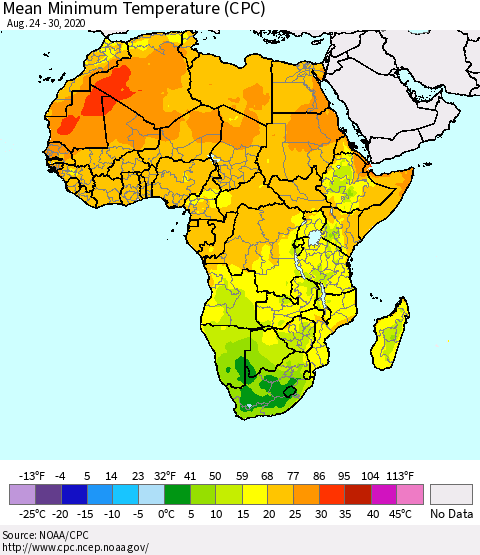 Africa Mean Minimum Temperature (CPC) Thematic Map For 8/24/2020 - 8/30/2020