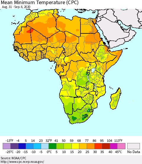 Africa Mean Minimum Temperature (CPC) Thematic Map For 8/31/2020 - 9/6/2020