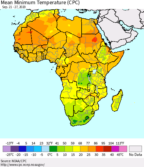 Africa Mean Minimum Temperature (CPC) Thematic Map For 9/21/2020 - 9/27/2020