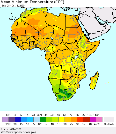 Africa Mean Minimum Temperature (CPC) Thematic Map For 9/28/2020 - 10/4/2020