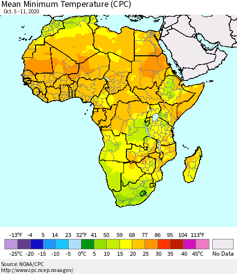 Africa Mean Minimum Temperature (CPC) Thematic Map For 10/5/2020 - 10/11/2020