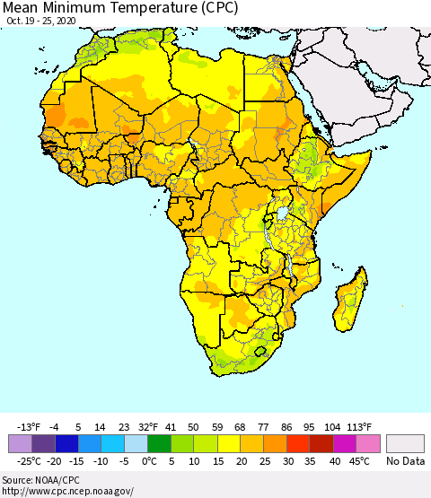 Africa Mean Minimum Temperature (CPC) Thematic Map For 10/19/2020 - 10/25/2020