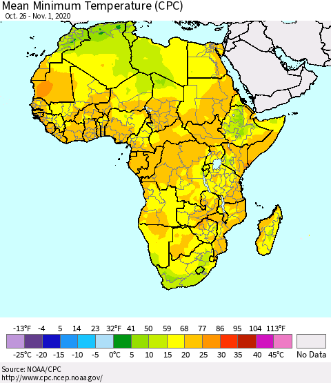 Africa Mean Minimum Temperature (CPC) Thematic Map For 10/26/2020 - 11/1/2020