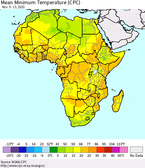 Africa Mean Minimum Temperature (CPC) Thematic Map For 11/9/2020 - 11/15/2020