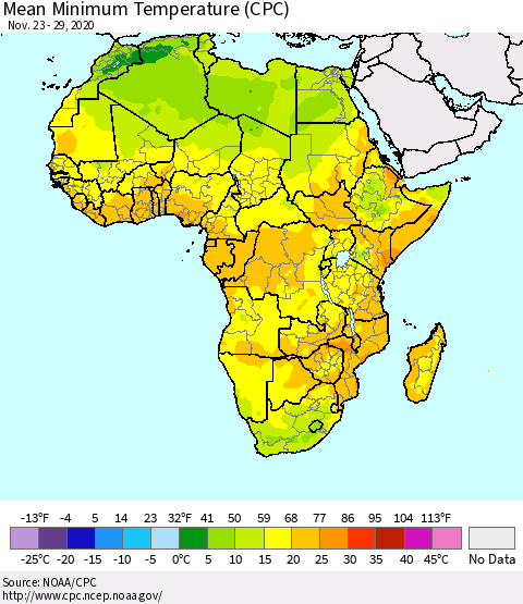 Africa Mean Minimum Temperature (CPC) Thematic Map For 11/23/2020 - 11/29/2020