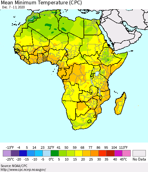 Africa Mean Minimum Temperature (CPC) Thematic Map For 12/7/2020 - 12/13/2020