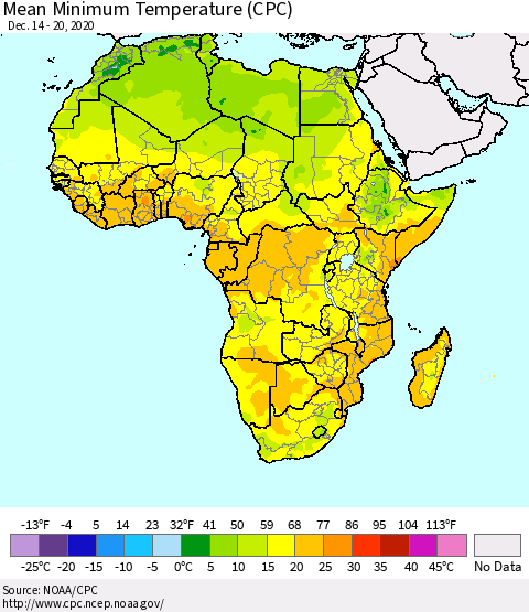 Africa Mean Minimum Temperature (CPC) Thematic Map For 12/14/2020 - 12/20/2020