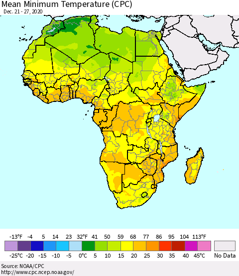 Africa Mean Minimum Temperature (CPC) Thematic Map For 12/21/2020 - 12/27/2020