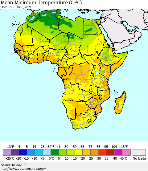 Africa Mean Minimum Temperature (CPC) Thematic Map For 12/28/2020 - 1/3/2021