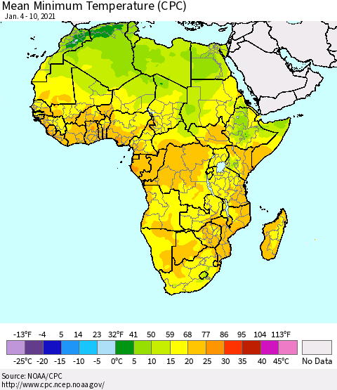 Africa Mean Minimum Temperature (CPC) Thematic Map For 1/4/2021 - 1/10/2021