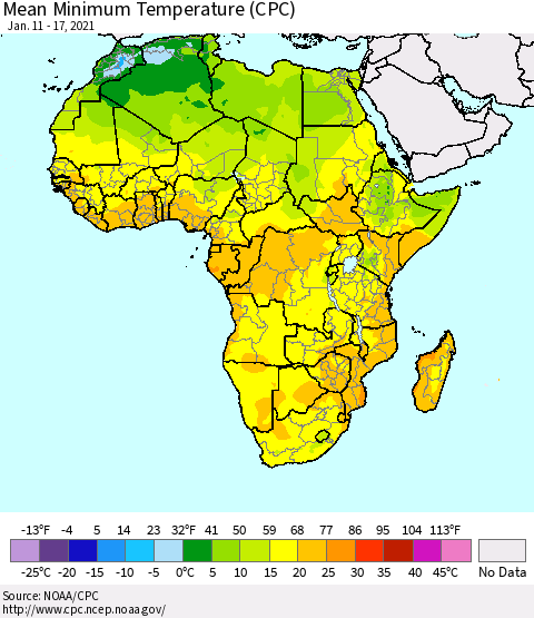 Africa Mean Minimum Temperature (CPC) Thematic Map For 1/11/2021 - 1/17/2021