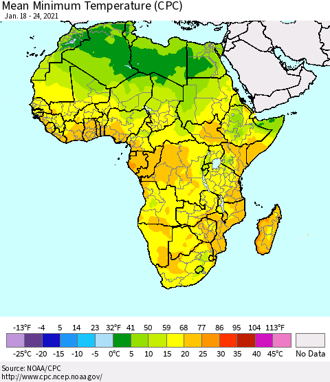 Africa Mean Minimum Temperature (CPC) Thematic Map For 1/18/2021 - 1/24/2021