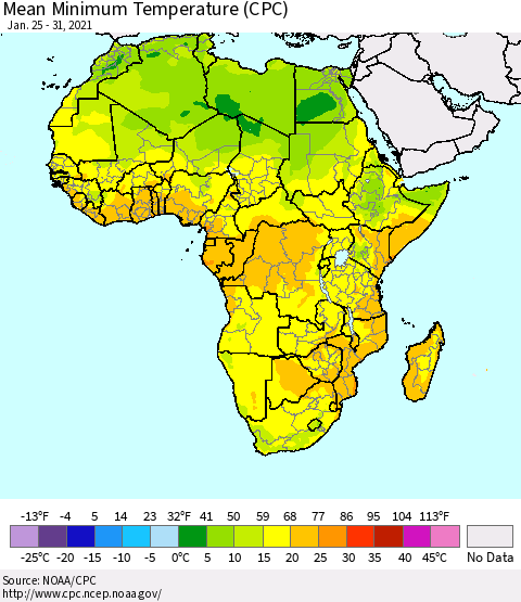 Africa Mean Minimum Temperature (CPC) Thematic Map For 1/25/2021 - 1/31/2021