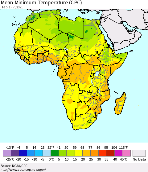 Africa Mean Minimum Temperature (CPC) Thematic Map For 2/1/2021 - 2/7/2021