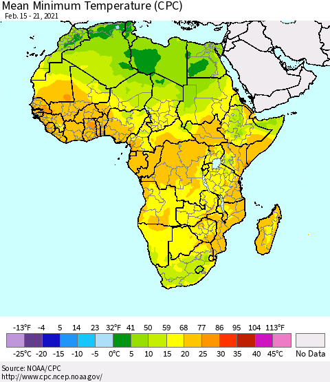Africa Mean Minimum Temperature (CPC) Thematic Map For 2/15/2021 - 2/21/2021