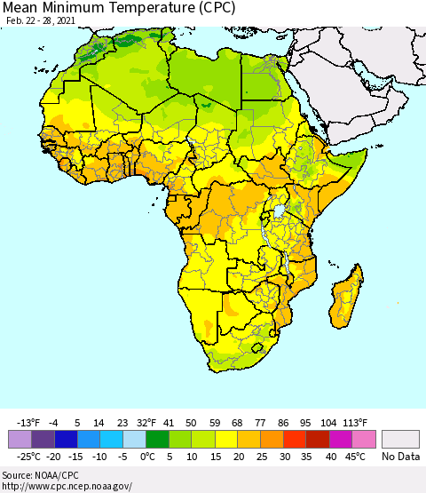 Africa Mean Minimum Temperature (CPC) Thematic Map For 2/22/2021 - 2/28/2021