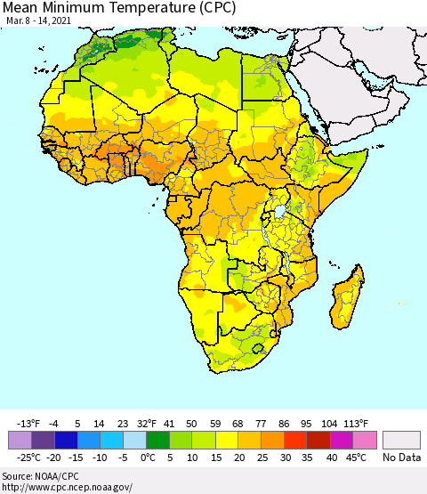 Africa Mean Minimum Temperature (CPC) Thematic Map For 3/8/2021 - 3/14/2021