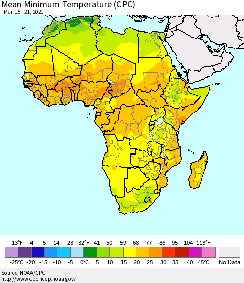 Africa Mean Minimum Temperature (CPC) Thematic Map For 3/15/2021 - 3/21/2021