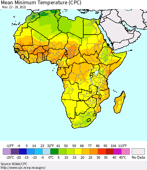 Africa Mean Minimum Temperature (CPC) Thematic Map For 3/22/2021 - 3/28/2021