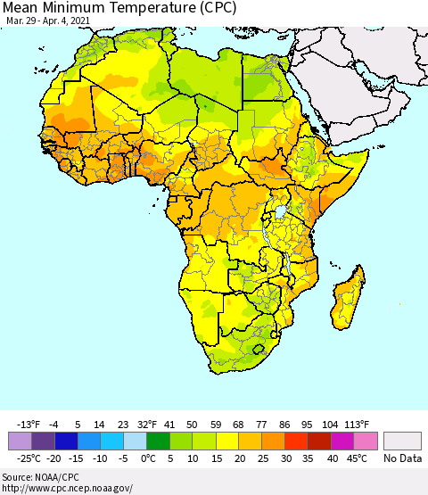 Africa Mean Minimum Temperature (CPC) Thematic Map For 3/29/2021 - 4/4/2021