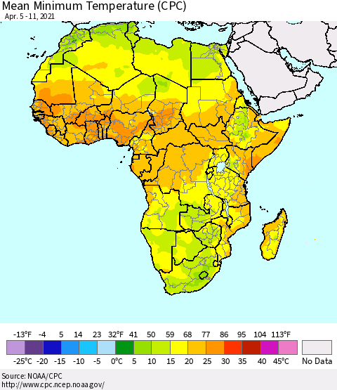 Africa Mean Minimum Temperature (CPC) Thematic Map For 4/5/2021 - 4/11/2021