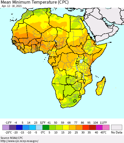 Africa Mean Minimum Temperature (CPC) Thematic Map For 4/12/2021 - 4/18/2021