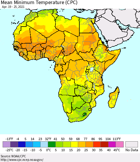 Africa Mean Minimum Temperature (CPC) Thematic Map For 4/19/2021 - 4/25/2021