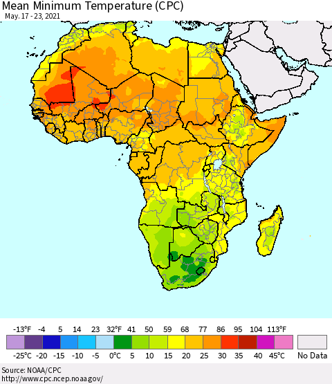 Africa Mean Minimum Temperature (CPC) Thematic Map For 5/17/2021 - 5/23/2021