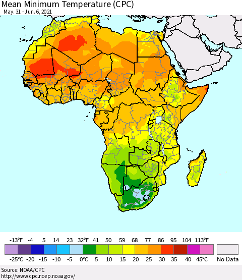 Africa Mean Minimum Temperature (CPC) Thematic Map For 5/31/2021 - 6/6/2021