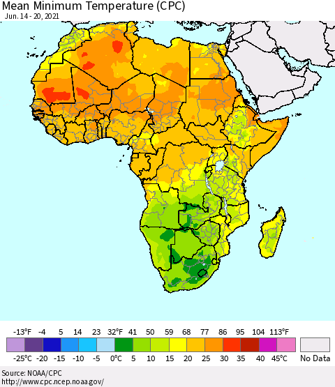 Africa Mean Minimum Temperature (CPC) Thematic Map For 6/14/2021 - 6/20/2021