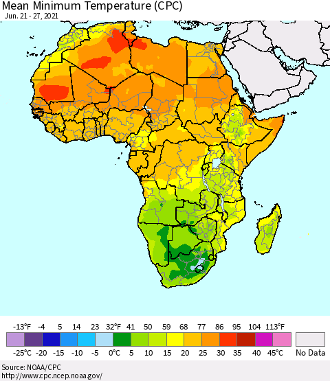 Africa Mean Minimum Temperature (CPC) Thematic Map For 6/21/2021 - 6/27/2021