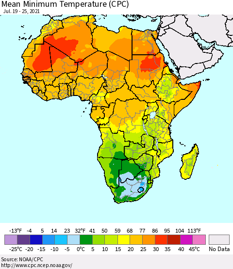 Africa Mean Minimum Temperature (CPC) Thematic Map For 7/19/2021 - 7/25/2021