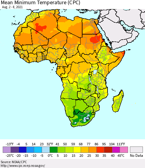 Africa Mean Minimum Temperature (CPC) Thematic Map For 8/2/2021 - 8/8/2021