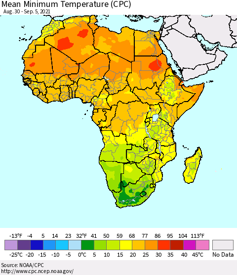 Africa Mean Minimum Temperature (CPC) Thematic Map For 8/30/2021 - 9/5/2021